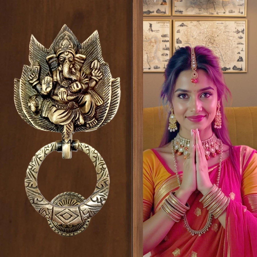 8" Brass Lotus Ganesh Door Knocker |DK-011 Brass Antique Ganesh Door knocker | Ganesh Ji on Lotus Door Knocker | Antique Brass Lotus Door Knocker