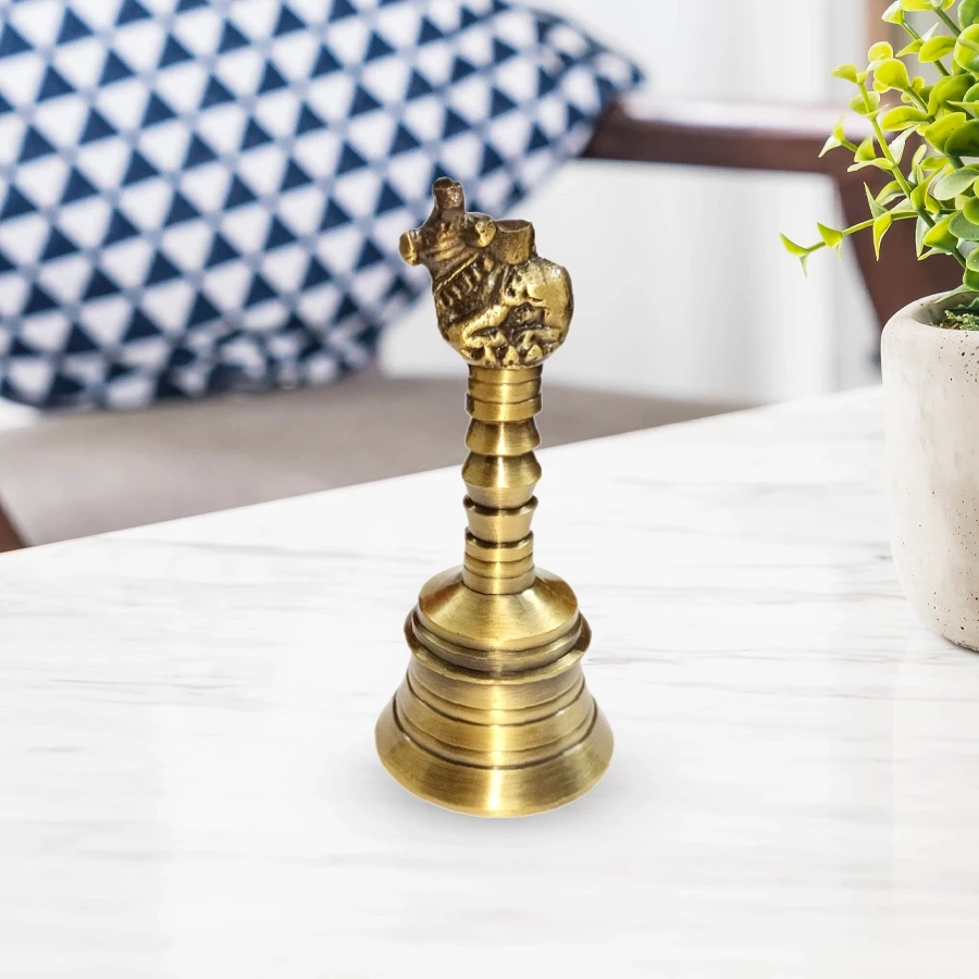 4"  Pack of 1 Brass Hand Bell BBL-005 | Brass Pooja Hand Bell | Pooja Bell with Nandi Sitting on Top | Pooja Ghanti | Ghanti for Temple Made of Top Brass 156 gm
