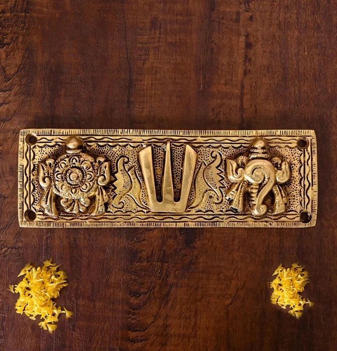ADVANZO Brass Shankh Chakra Namah Wall Hanging | Yellow Wall Decor for Home & Office | Spiritual & Vastu Decorative Item