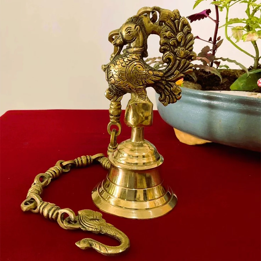 Advanzo Vintage Brass Temple Bell with Peacock On Kadiya Chain 3.5 x 3.5 x 7 Inch 23-Inch Hanging Kadiya Chain (Antique Yellow, Standard) Pack of 1