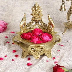 ADVANZO Ganesha with Elephant Design 7.5 Inches Brass Urli Bowl for Home Decor, Brass Urli Decor, Urali Decoration Bowl, Antique Yellow,