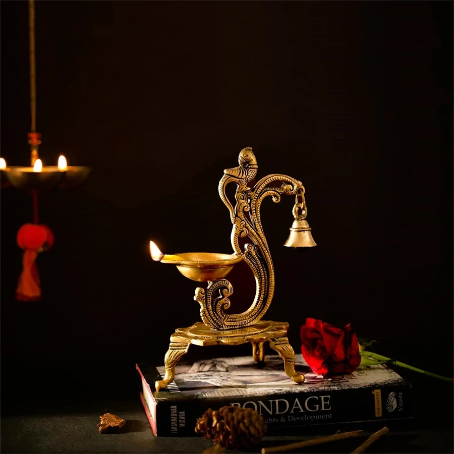 Advanzo Brass Curved Oil Diya with Peacock Design – Antique Deepak for Diwali & Festive Decor Style Diya for Vastu (11 inches and 700g)