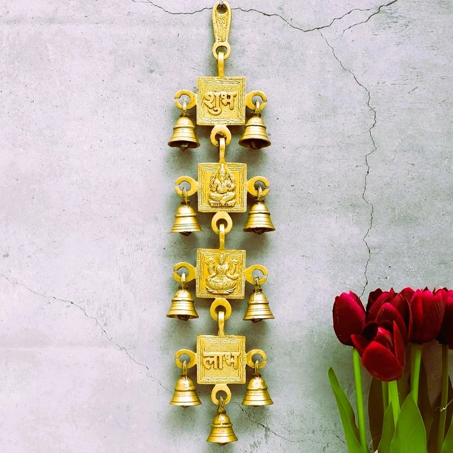 Advanzo Brass | Shubh Ganesh Laxmi with Labh Hanging | and Bells – Traditional Wall Decor Hanging Bells for Home Decor, Wall Decor, Ghanti for Pooja, Pack of 1