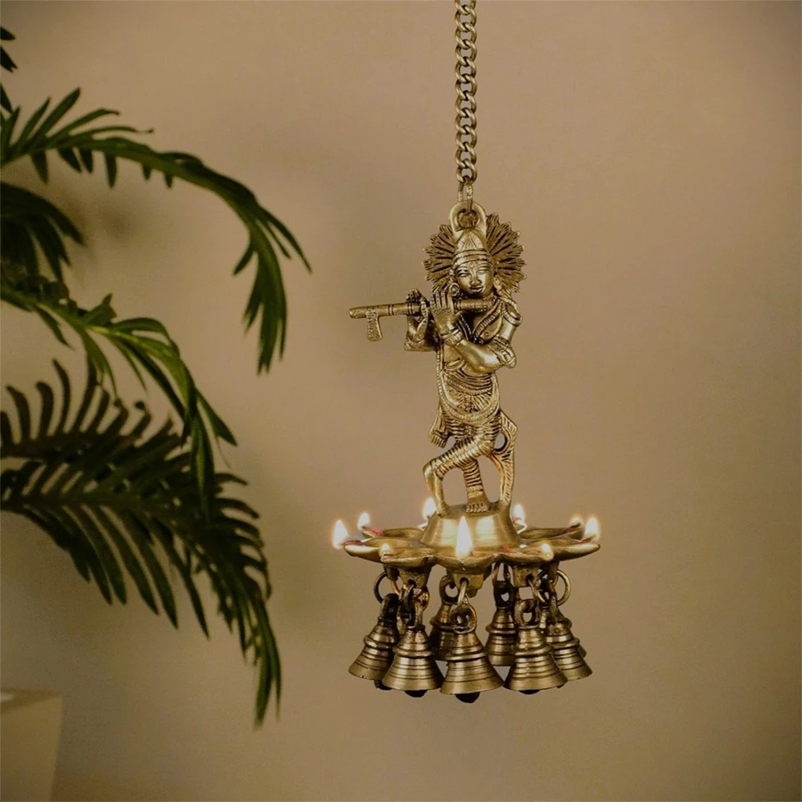 Advanzo Antique Brass Krishna Hanging Diya – 9 Diya with 17 Chain, 1.25 Kg – Finish Traditional Decorative Diwali Oil Lamp for Home, Puja & Gifting