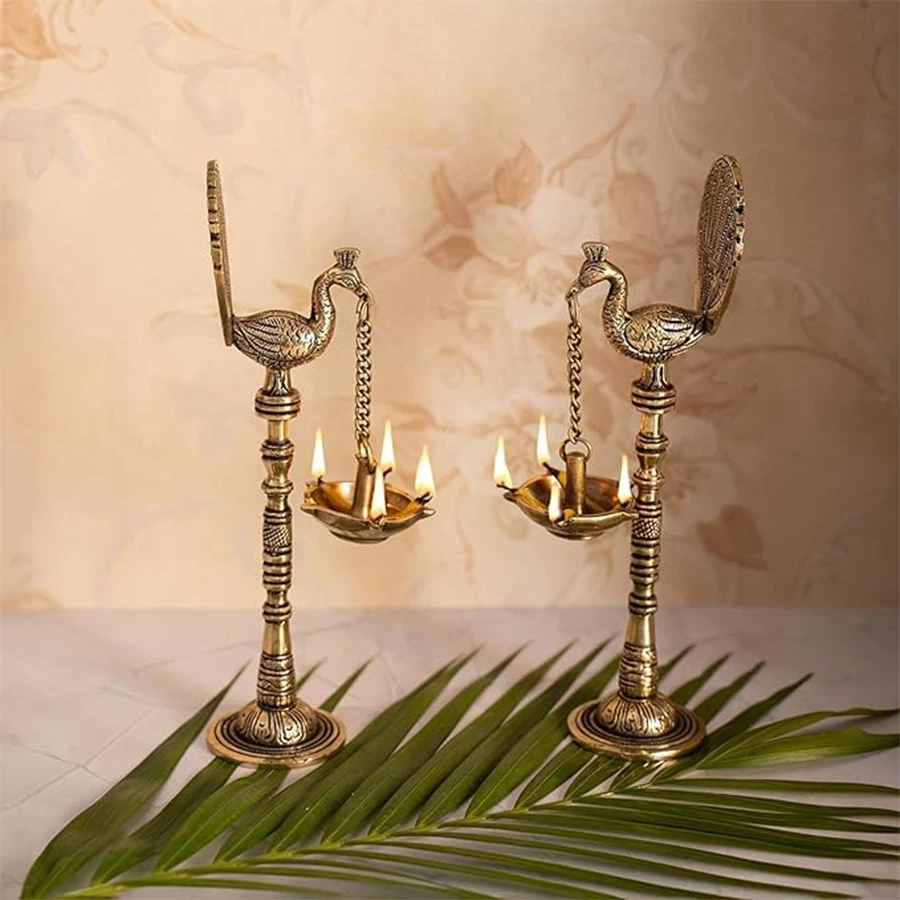 Advanzo Brass Peacock Design Hanging Diya Pair, Diyas for Home Decoration, Pack of 2