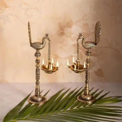 Advanzo Brass Peacock Design Hanging Diya Pair, Diyas for Home Decoration, Pack of 2