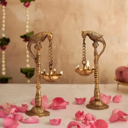 Advanzo Brass Parrot Design Hanging Diya Pair, Diyas for Home Decoration, Pack of 2, Golden