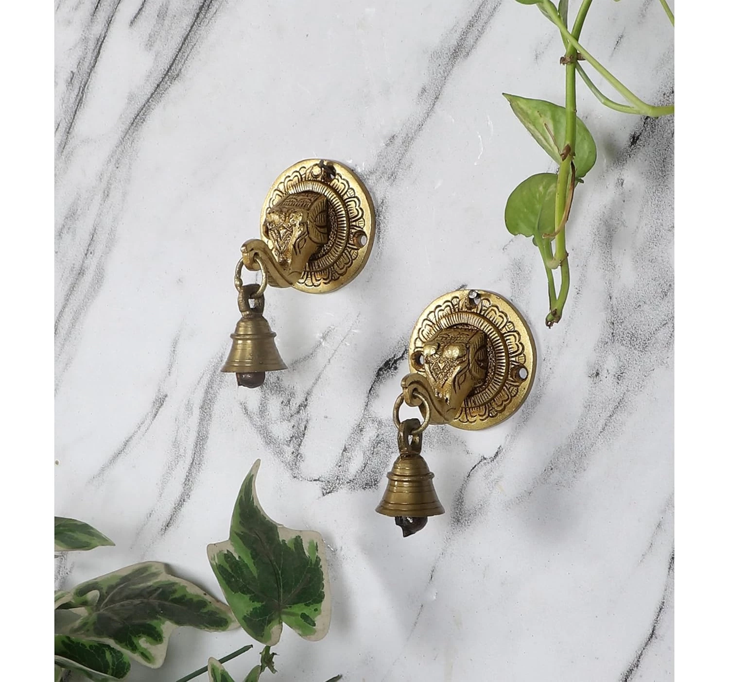 Advanzo Elephant face Brass Wall Hanging Bells Pair, Brass Wall Decor Bells Pair, Bells for Home Decor, Antique Yellow, Pack of 2