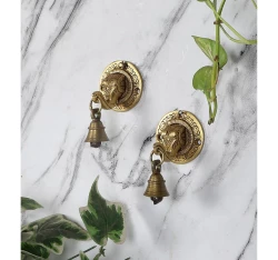 Advanzo Elephant face Brass Wall Hanging Bells Pair, Brass Wall Decor Bells Pair, Bells for Home Decor, Antique Yellow, Pack of 2