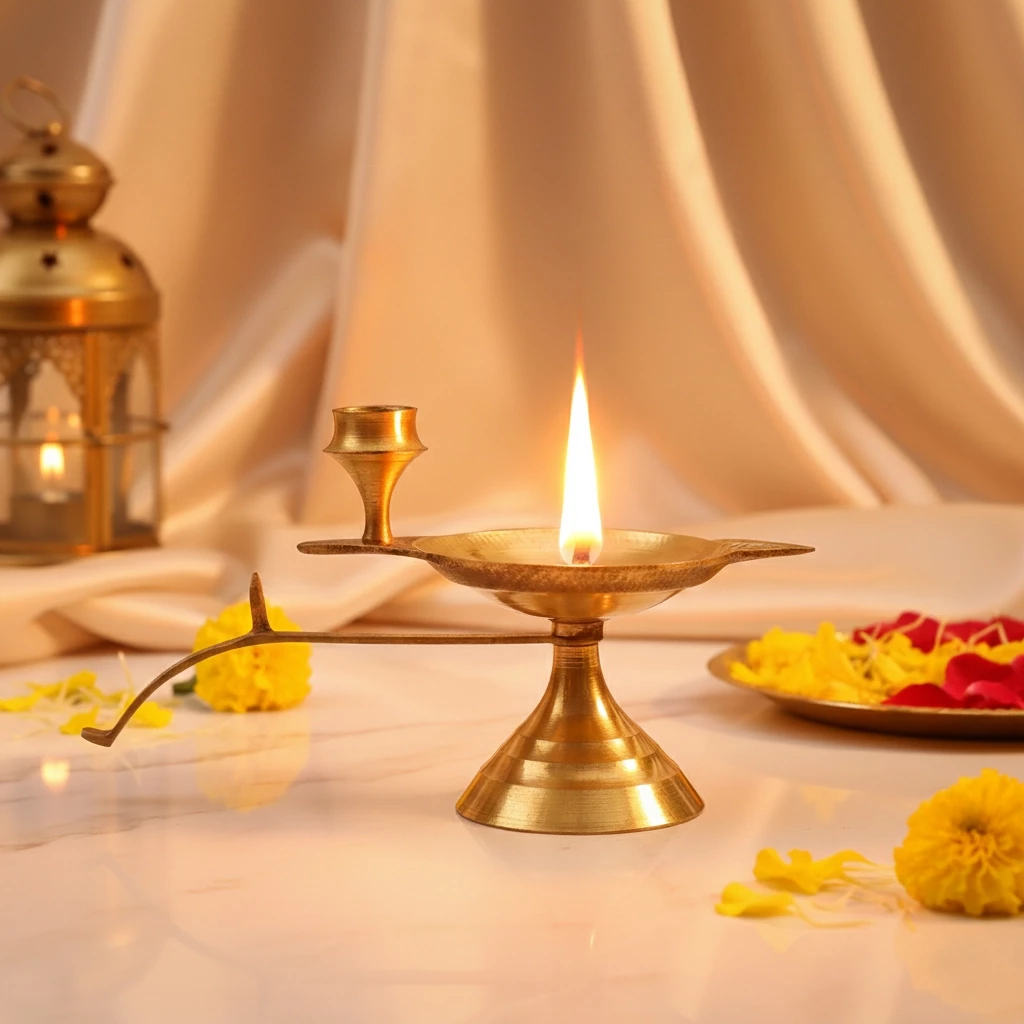 110mm Pack Of - 4 Pure Brass Diya with Handle | Traditional Indian Oil Lamp for Puja, Home Decor & Gifting | Durable & Easy to Clean | 110mm Length