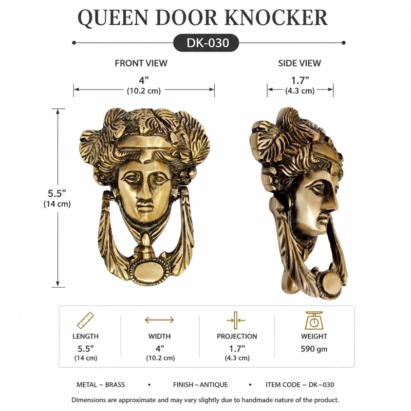 Queen Brass Door Knocker Antique Finish | Premium Decorative Front Door Knocker | Heavy Duty Solid Brass Main Door Knocker | Vintage Royal Face Design | 5.5 Inch | DK-030